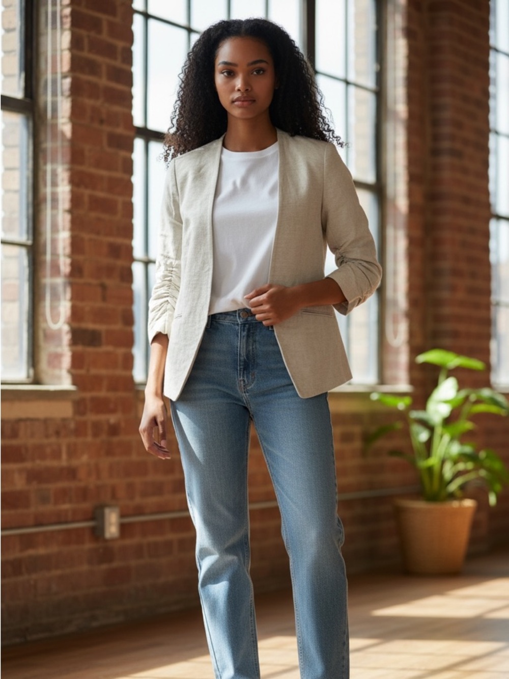 H&M Cream Open-Front Blazer with Ruched 3/4 Sleeves Size 6 Minimalist